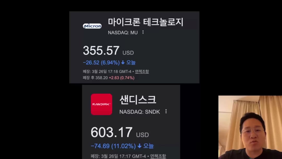 마이크론과 샌디스크의 주가 하락폭이 표시된 화면과 이를 설명하는 남성 출연자