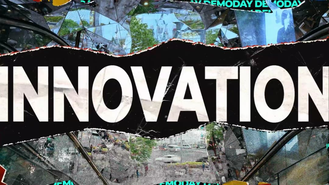INNOVATION이라는 큰 글자가 적힌 콜라주 스타일의 그래픽 화면