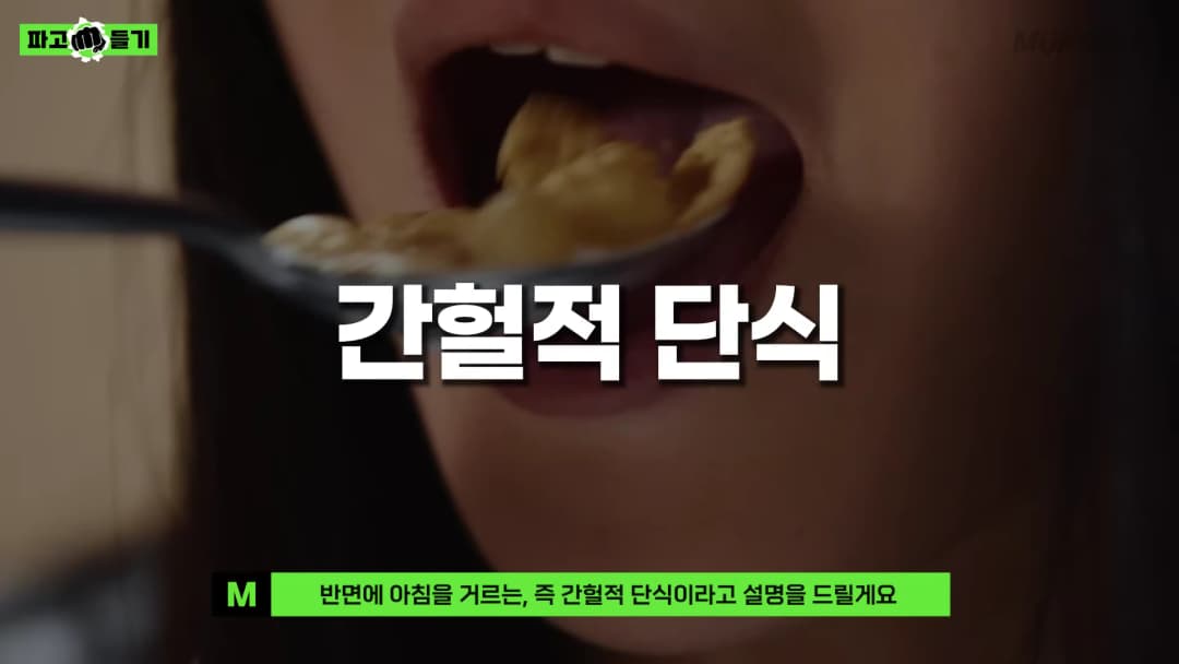 숟가락으로 음식을 입에 넣는 사람의 모습과 '간헐적 단식'이라는 큰 글자가 화면 중앙에 배치된 영상 캡처 화면