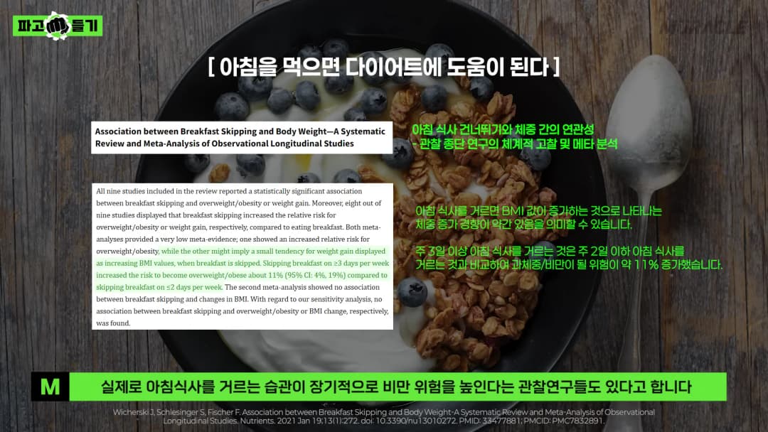 블루베리와 그래놀라가 담긴 그릇 위에 아침 식사와 체중의 상관관계를 다룬 연구 논문 내용이 텍스트로 겹쳐진 화면