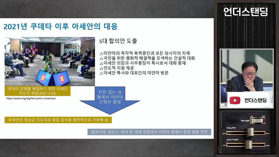 2021년 아세안 정상회담 사진과 5대 합의안 내용이 정리된 발표 자료 화면