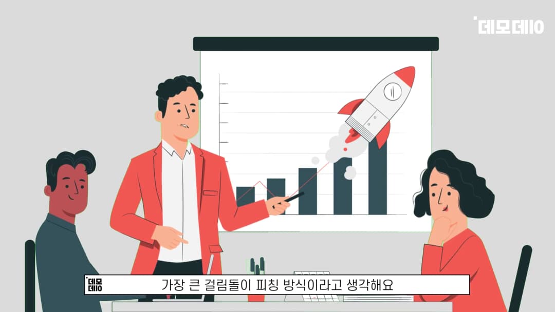로켓이 그려진 성장 그래프 앞에서 발표하는 남성과 이를 듣는 두 사람의 일러스트