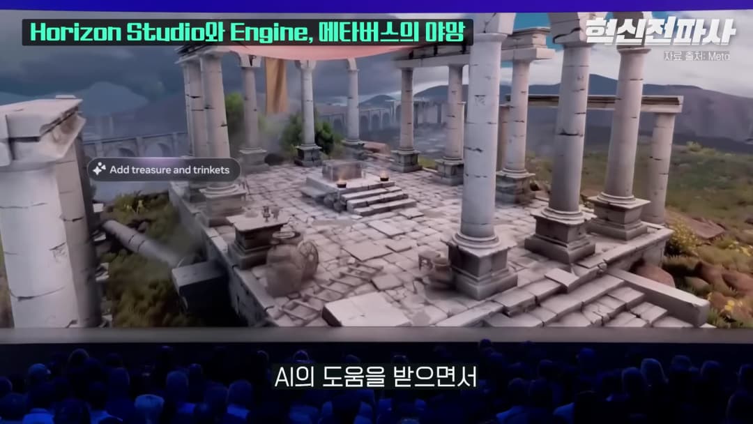 대형 스크린에 고대 신전 형태의 3D 가상 공간이 구현되어 있고, 그 앞에 청중들이 앉아 있는 모습